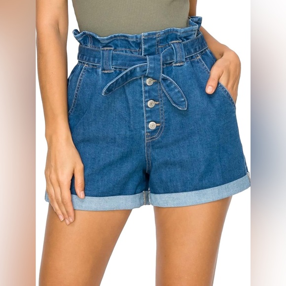 Wax Jean Belted Button Fly Elastic Waist High Waist Jean Shorts - Picture 1 of 4